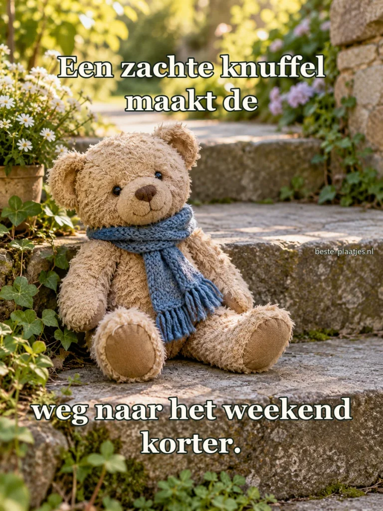 Een versleten teddybeer met blauwe sjaal zit op een stenen tuintrap.
