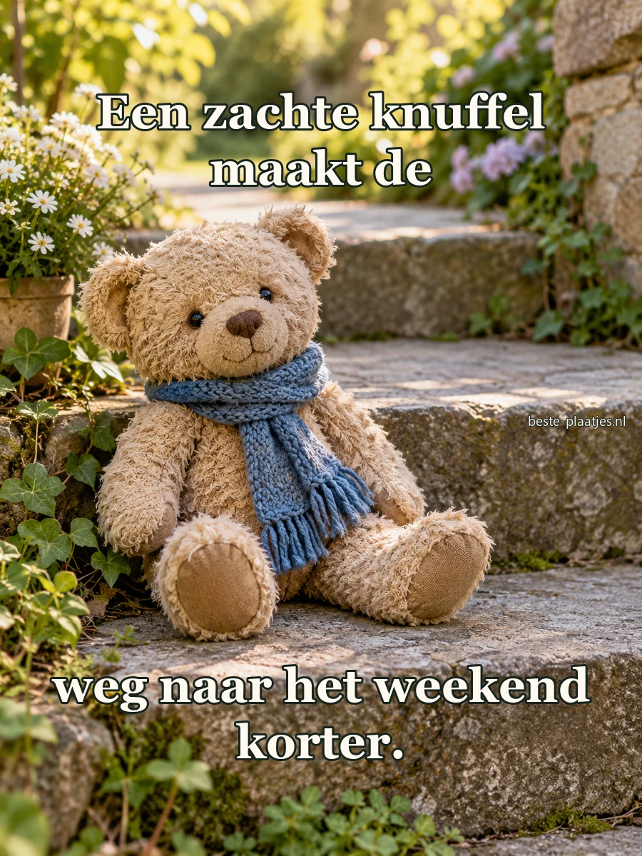 Een versleten teddybeer met blauwe sjaal zit op een stenen tuintrap.