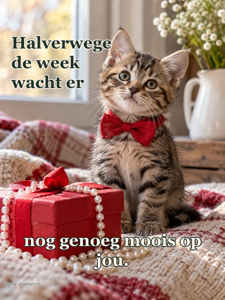 Een tabbykatje met rode strik zit achter een rood cadeautje.