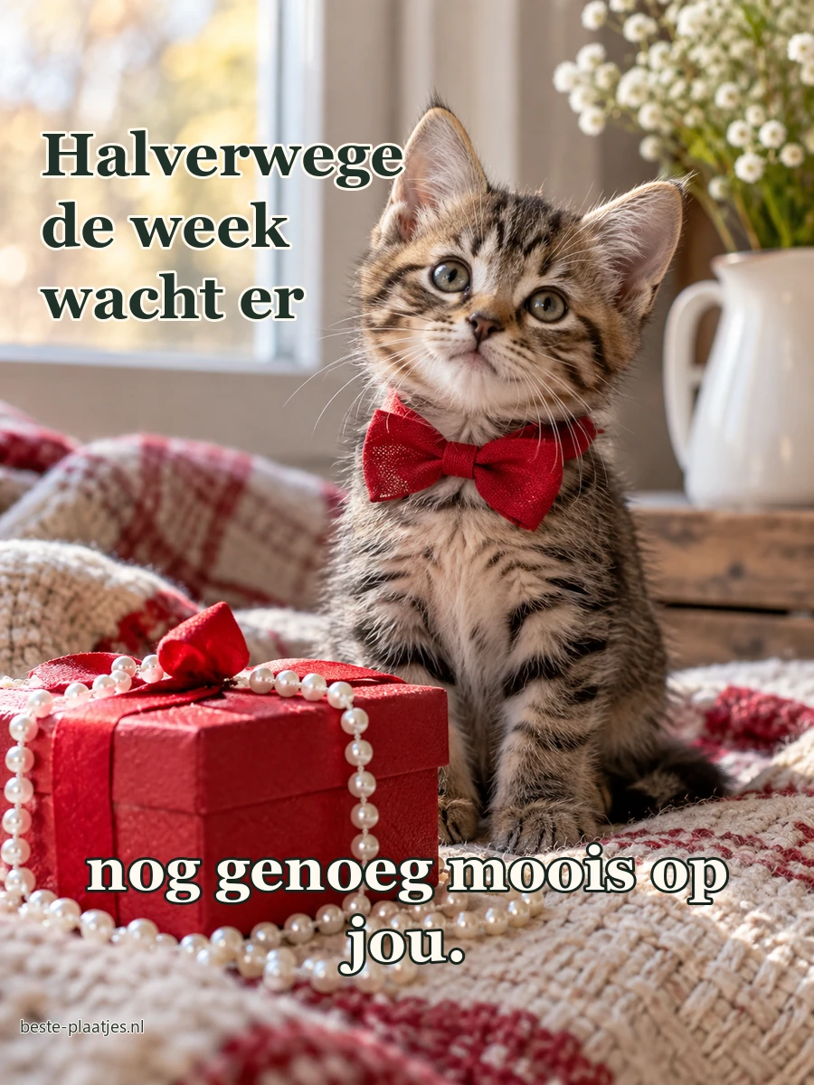 Een tabbykatje met rode strik zit achter een rood cadeautje.