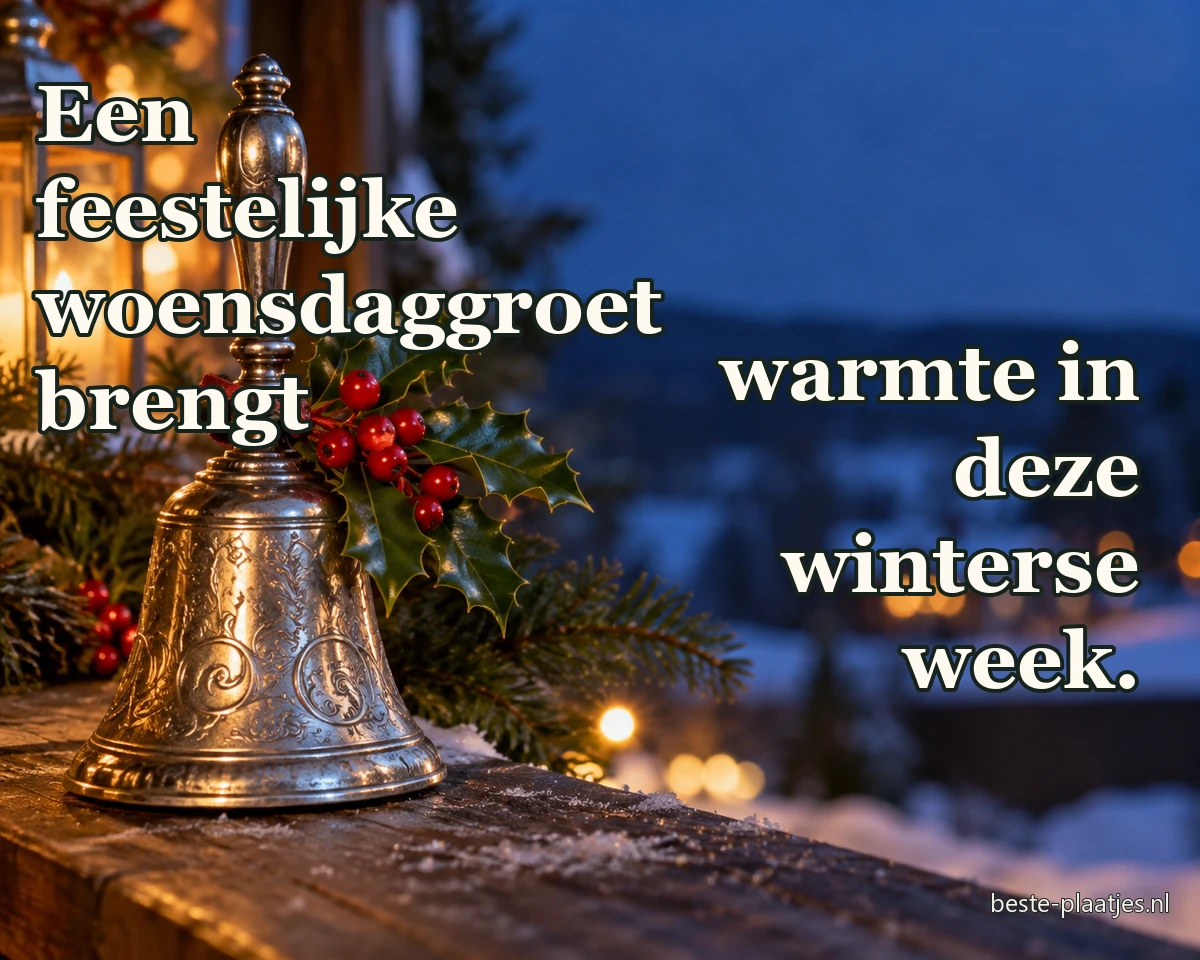 Een zilveren handbel met hulst en bessen staat bij een winters raam.