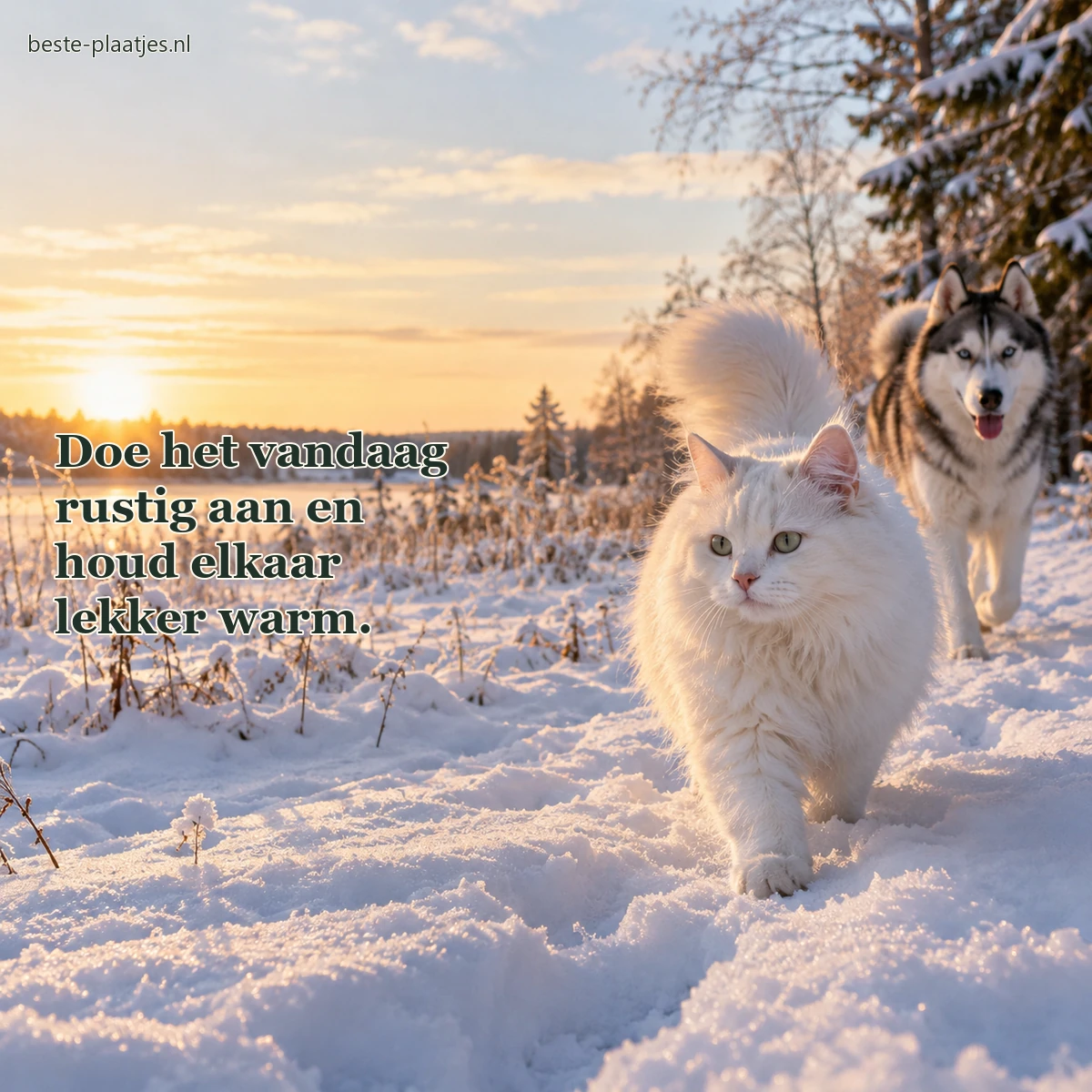 Een witte kat en een husky lopen samen door verse sneeuw.