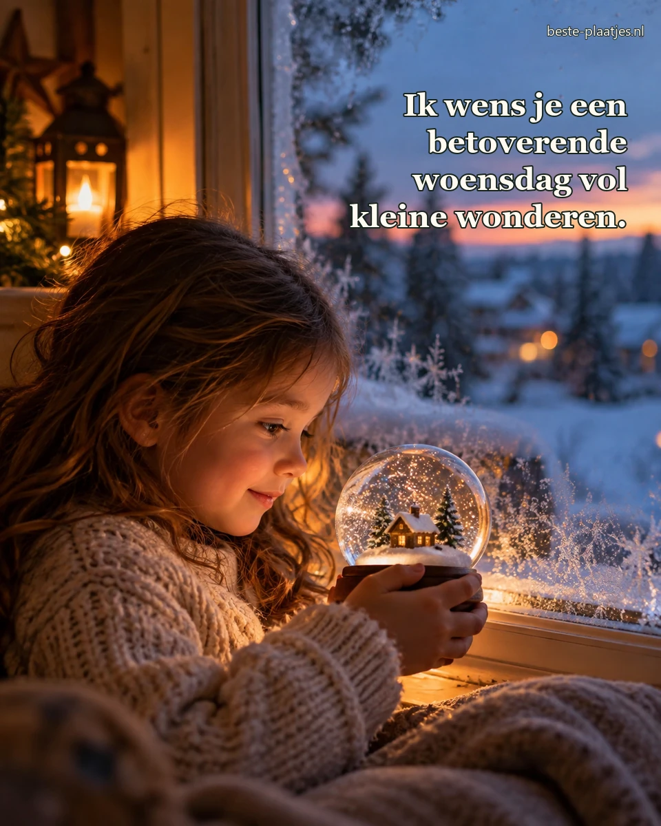 Een kind bekijkt bij het raam verwonderd een kleine sneeuwbol.