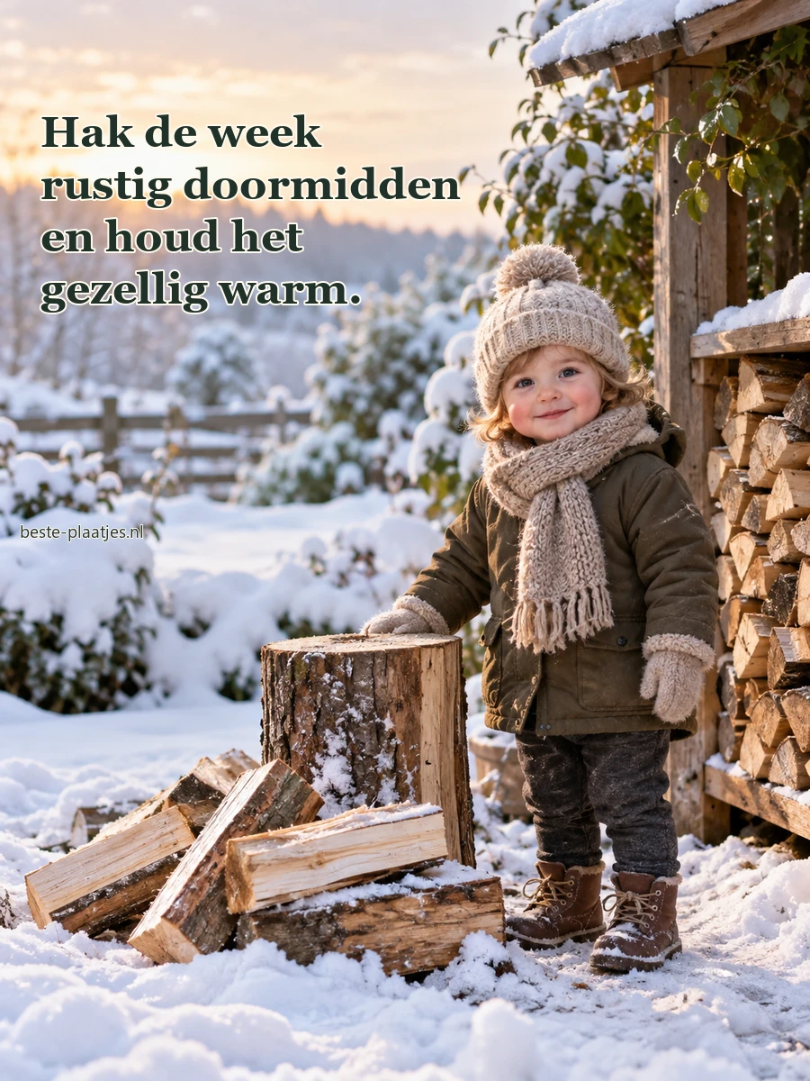 Een warm aangeklede peuter staat veilig bij een houtstapel in de sneeuw.