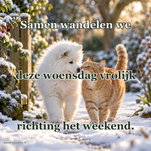 Een samojedenpup en een rode kat raken elkaars neus in de sneeuw.