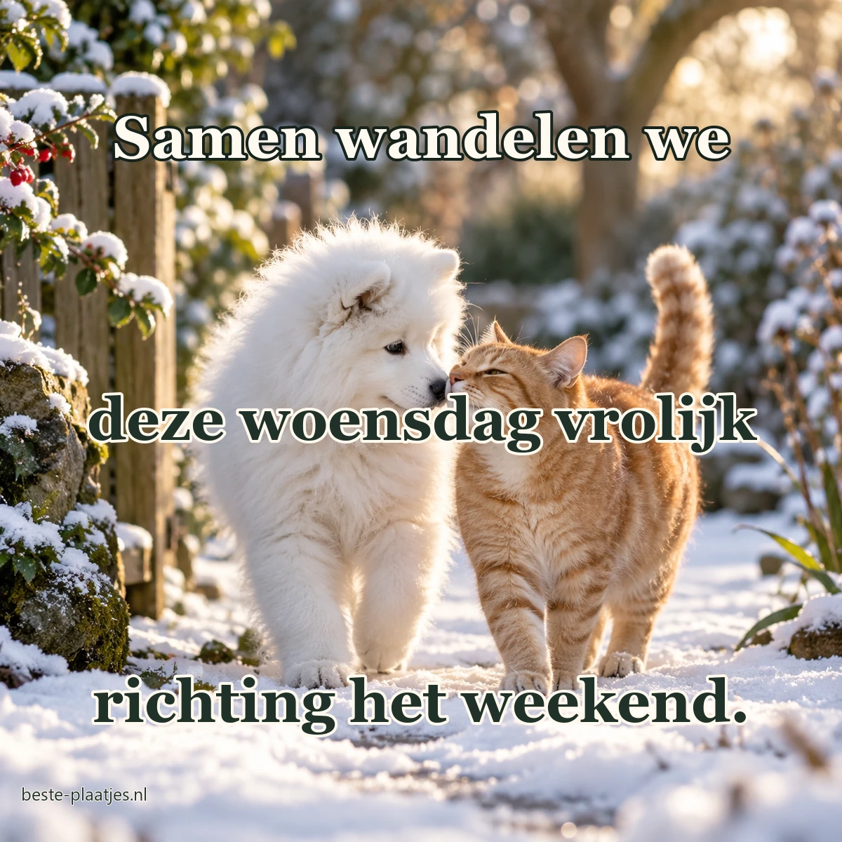 Een samojedenpup en een rode kat raken elkaars neus in de sneeuw.