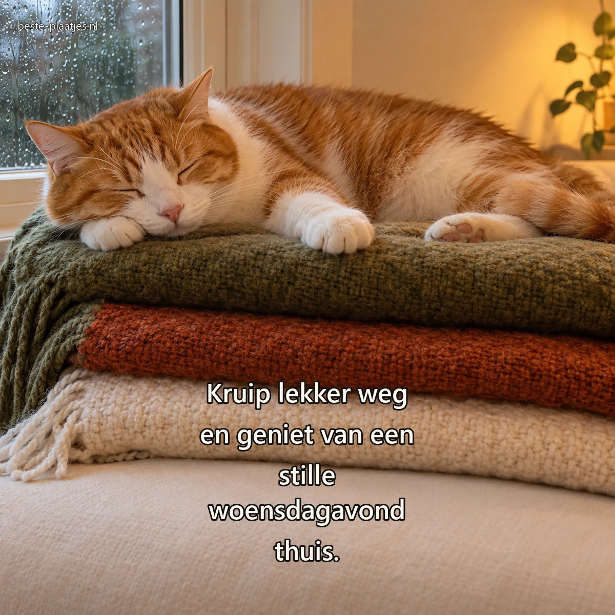 Een rood-witte kat slaapt op opgestapelde wollen dekens naast een raam met regendruppels.