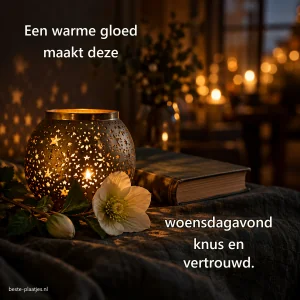 Een messing lantaarn werpt sterretjes naast een witte bloem en een gesloten boek.