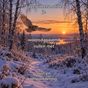 Een kerkuil vliegt boven een besneeuwd bospad tijdens een zachtoranje winterzonsondergang.