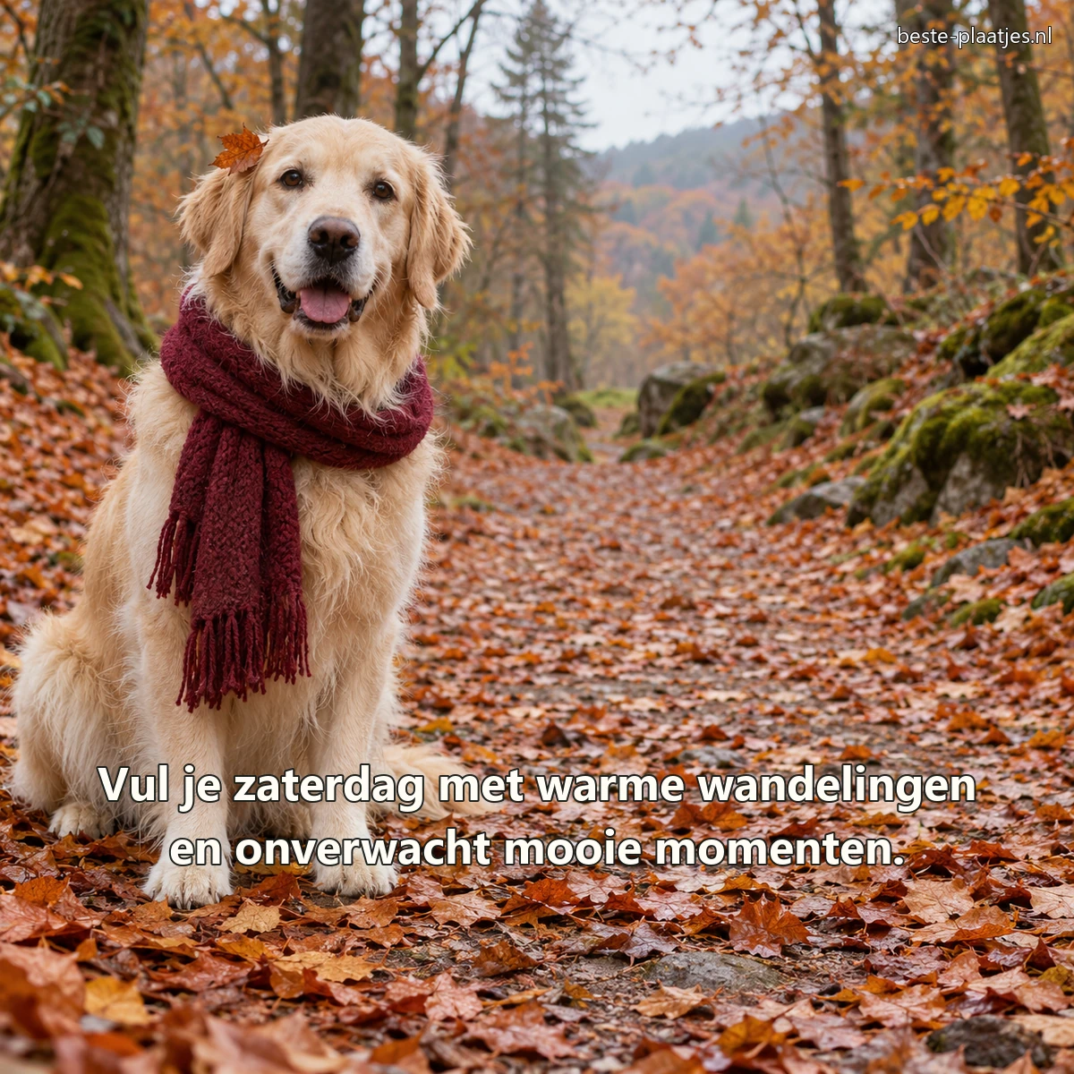 Een golden retriever met een wollen sjaal zit op een pad vol herfstbladeren.