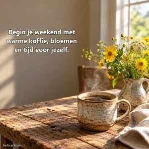 Een handgemaakte koffiekop staat naast gele veldbloemen op een houten tafel.