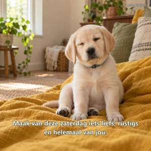 Een crèmekleurige labradorpup zit op een gekreukte linnen deken.