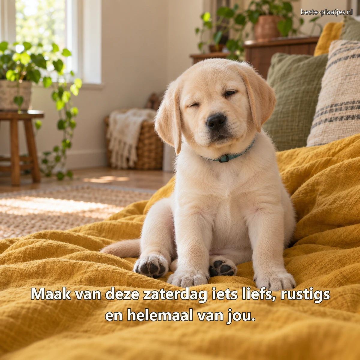 Een crèmekleurige labradorpup zit op een gekreukte linnen deken.