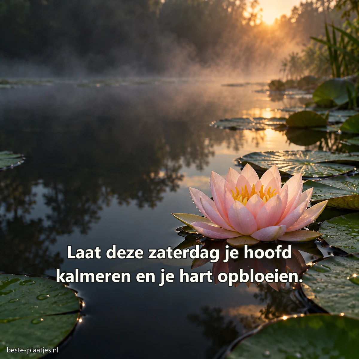 Een roze waterlelie drijft tussen donkere bladeren op een stille vijver.