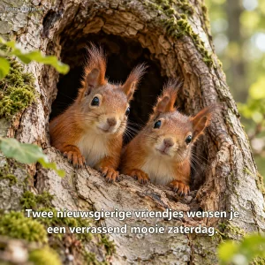 Twee rode eekhoorns kijken nieuwsgierig uit een holle beukenboom.