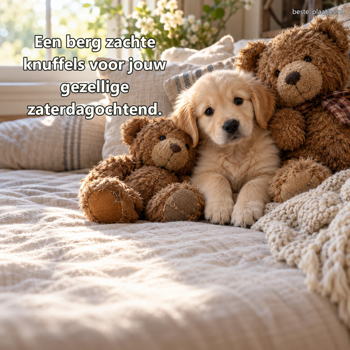Een golden retrieverpup ligt tussen een verzameling versleten teddyberen.