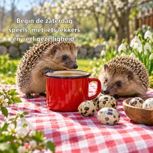 Twee egeltjes zitten bij kwarteleitjes en een rode emaille beker.