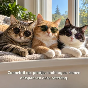 Drie katten met ronde zonnebrillen liggen samen op een zonnige vensterbank.