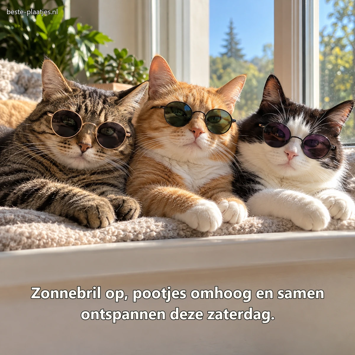 Drie katten met ronde zonnebrillen liggen samen op een zonnige vensterbank.