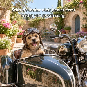 Een ruwharige terriër zit met pilotenbril in een motorzijspan.