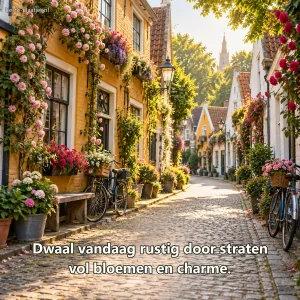 Een smalle dorpsstraat loopt tussen historische huizen vol bloemen.