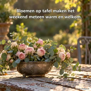 Een oude tinnen schaal met roze rozen staat op een tuintafel.