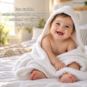 Een lachende baby is veilig gewikkeld in een zachte witte handdoek.