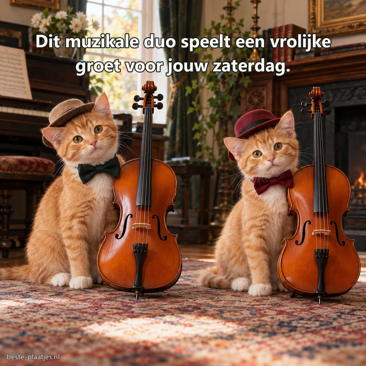 Twee jonge katten poseren met kleine cello's in een oude muziekkamer.