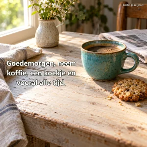 Koffie, een haverkoekje en een krant liggen op een verweerde ontbijttafel.