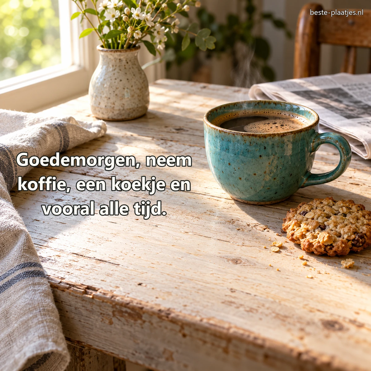 Koffie, een haverkoekje en een krant liggen op een verweerde ontbijttafel.