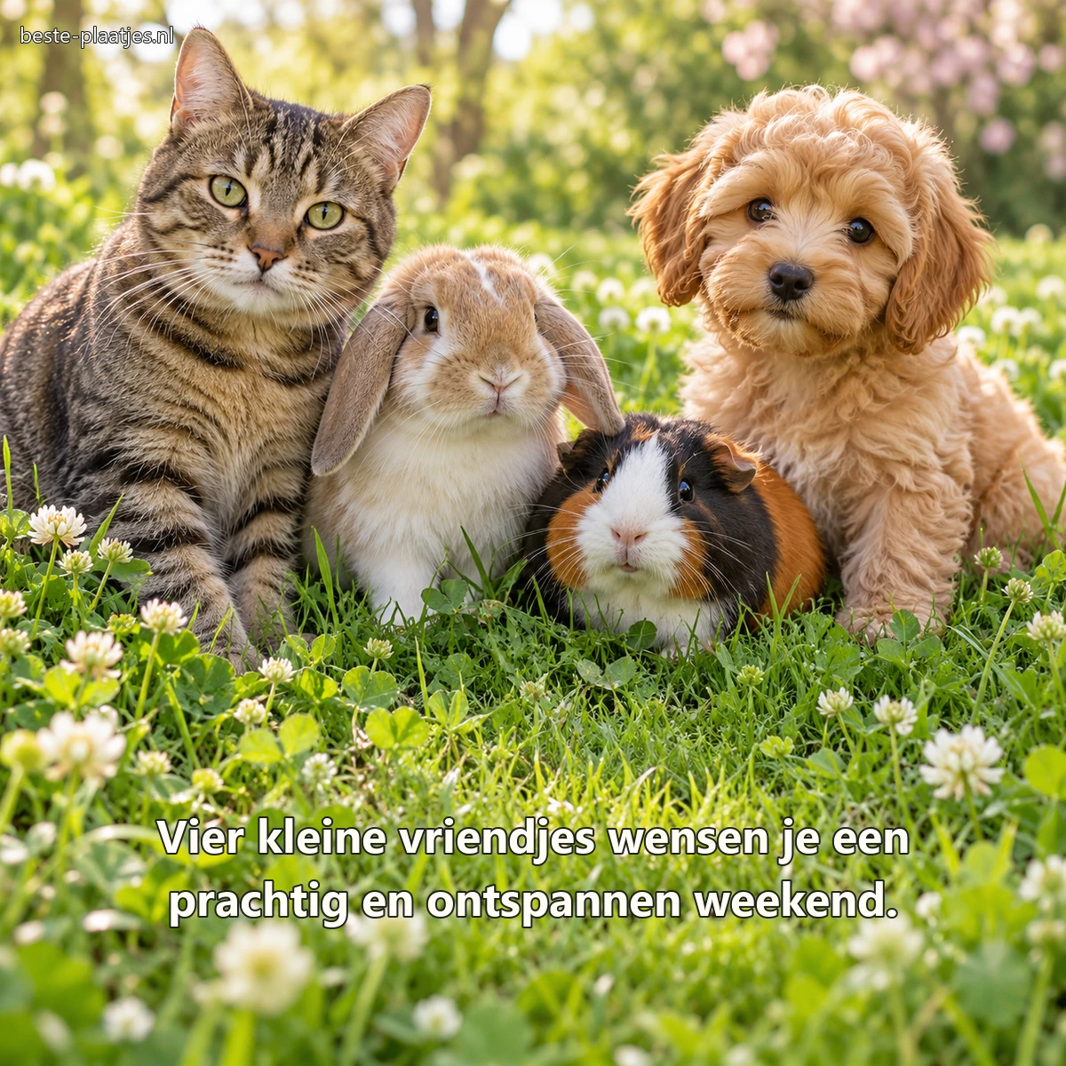 Een kat, konijn, cavia en puppy zitten samen tussen witte klaver.
