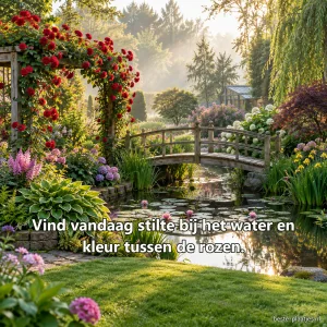 Een houten brug buigt over een vijver in een tuin vol rozen.