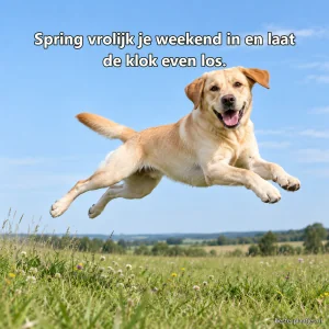 Een gele labrador springt uitgelaten boven het gras van een weide.