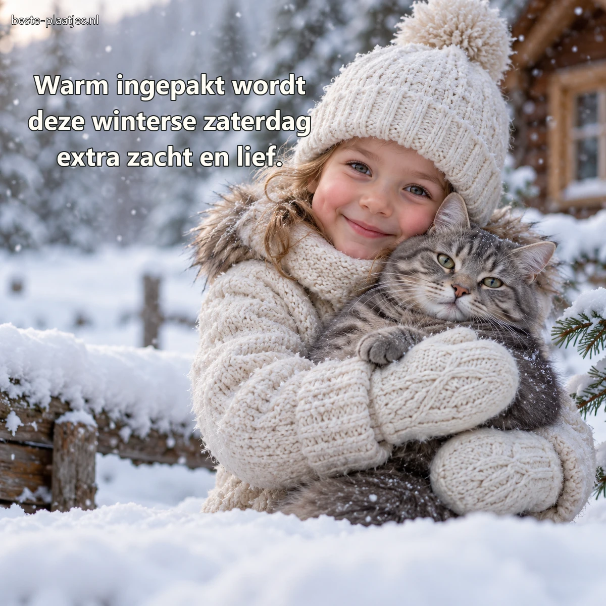 Een warm gekleed kind houdt voorzichtig een rustige kat in de sneeuw.