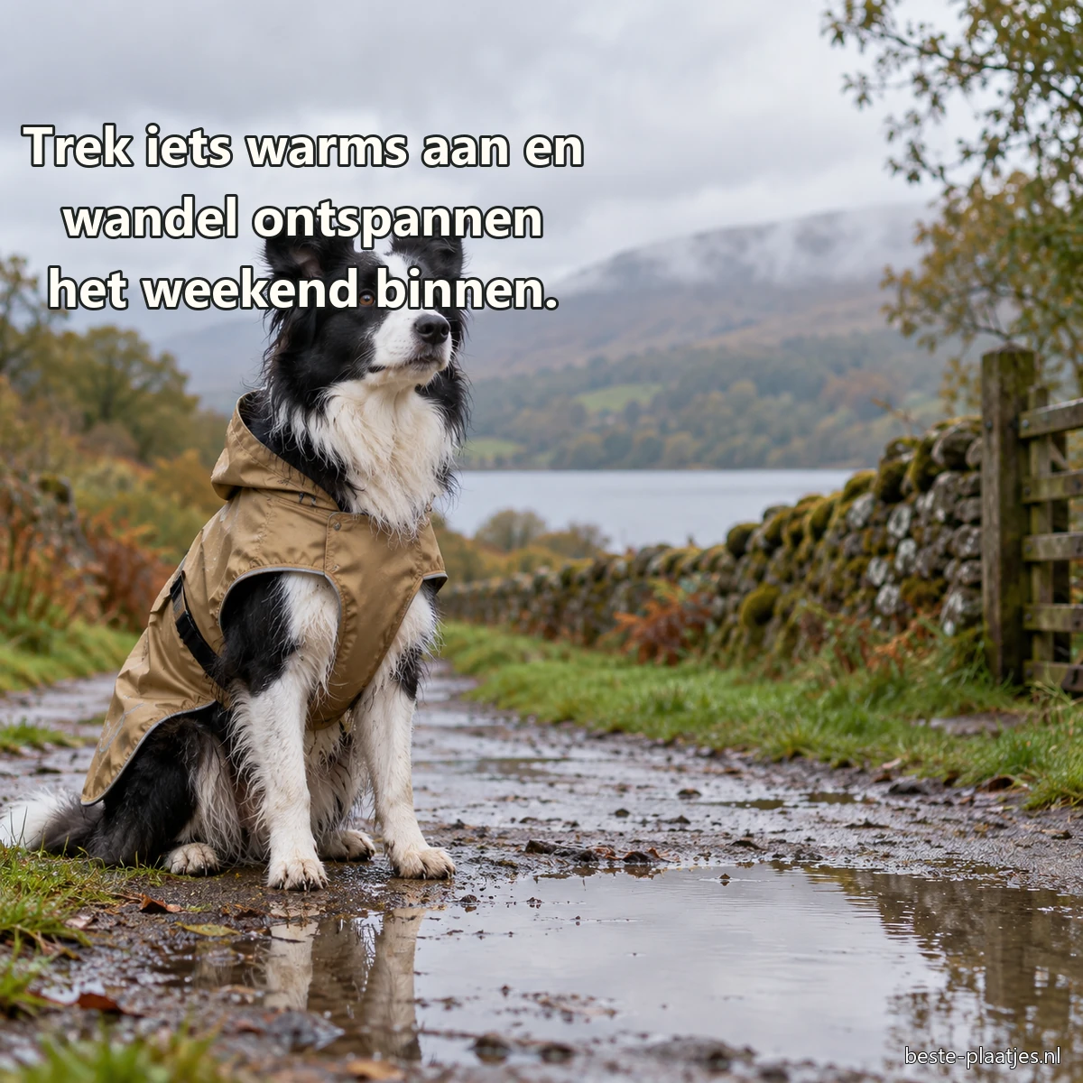 Een bordercollie in regenjas zit naast een nat landweggetje.