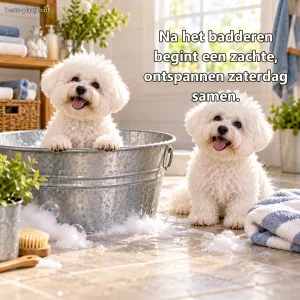 Twee witte bichons zitten bij een teil met handdoeken en zeepbellen.