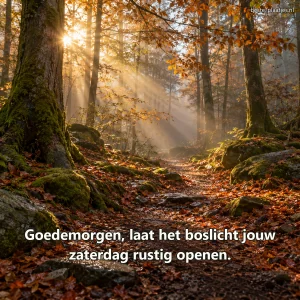 Zonnestralen vallen door een stil, licht nevelig bos na de regen.