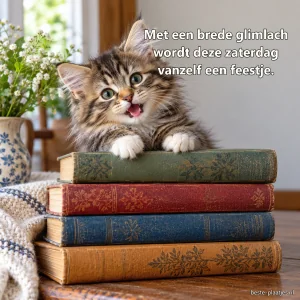 Een vrolijke tabbykitten kijkt over een stapel oude boeken.