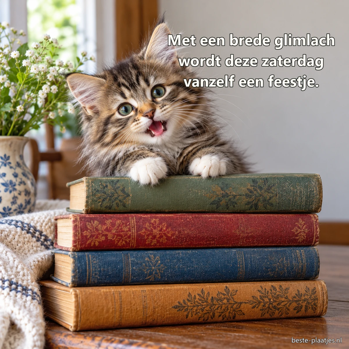 Een vrolijke tabbykitten kijkt over een stapel oude boeken.