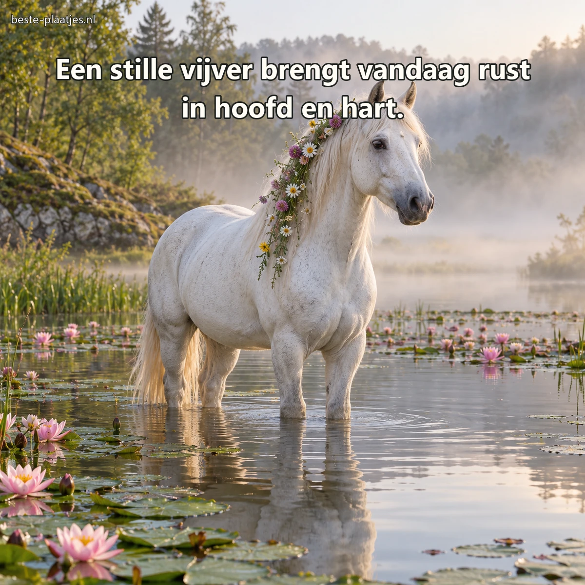 Een witte merrie staat tussen waterlelies in een stille ochtendvijver.