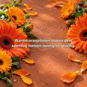 Oranje bloemen en regendruppels liggen op een warme terracottatafel.