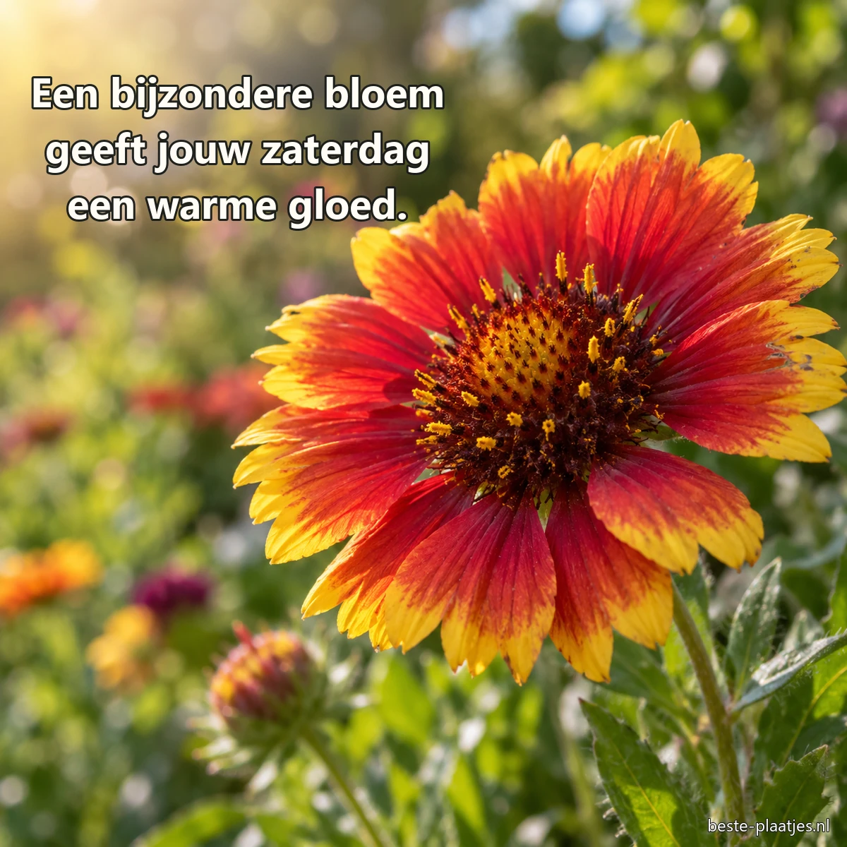 Een rood-gele gaillardia bloeit scherp tegen een zachte tuinachtergrond.