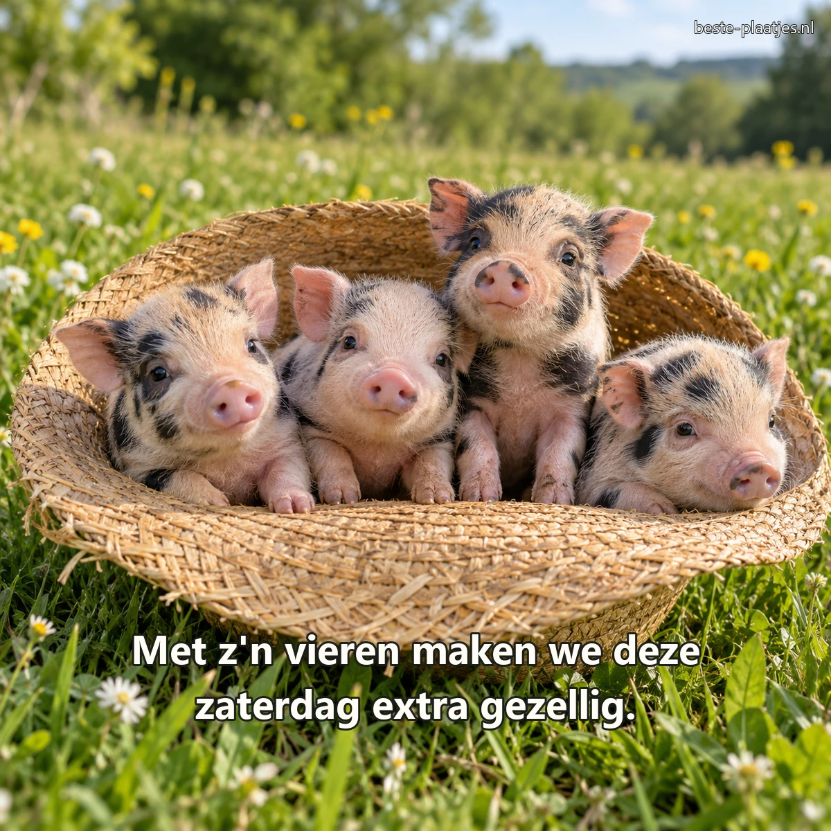 Vier gevlekte biggetjes zitten dicht bij elkaar in een strohoed.