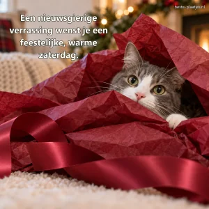 Een grijs-witte kat kijkt uit bordeauxrood cadeaupapier met satijnen lint.