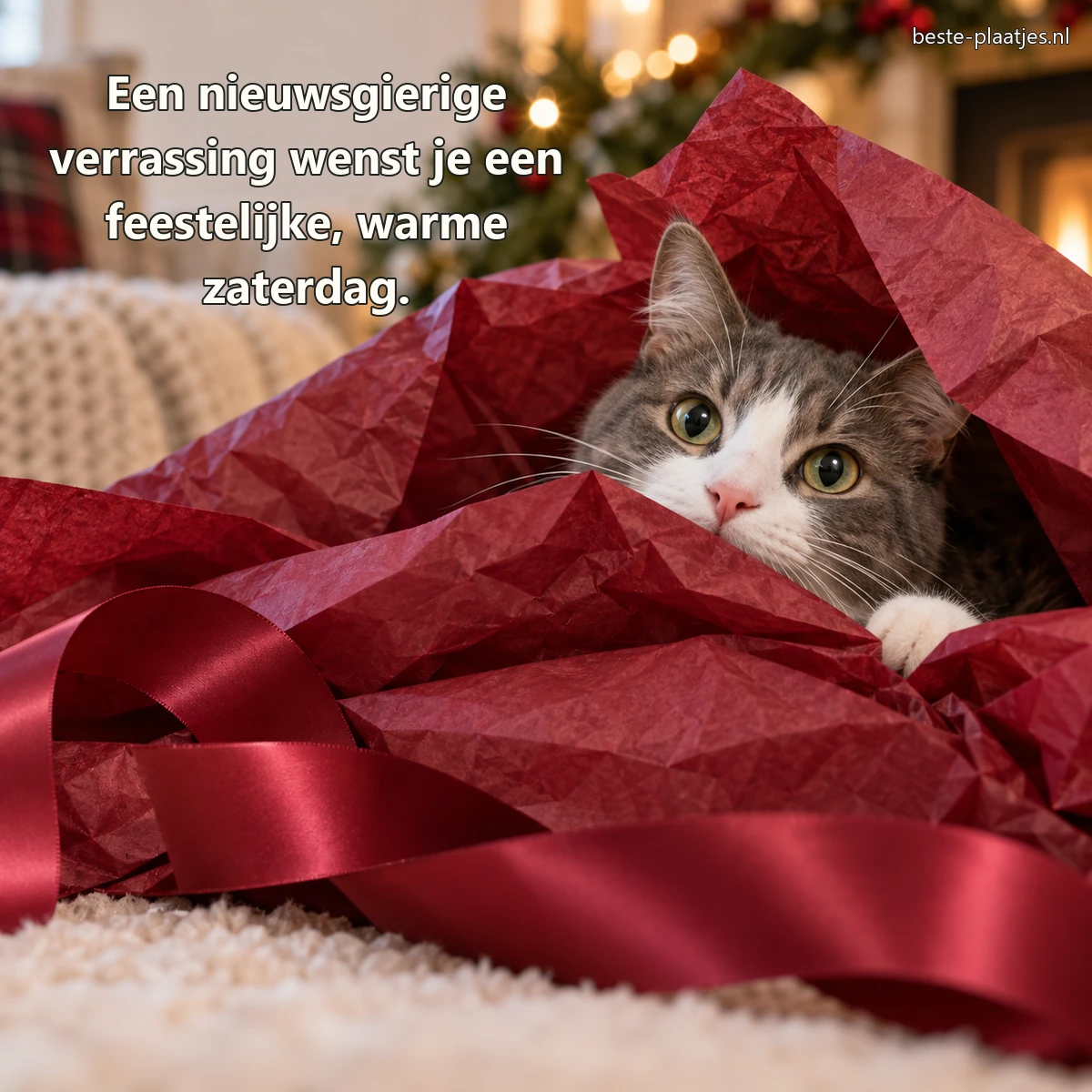 Een grijs-witte kat kijkt uit bordeauxrood cadeaupapier met satijnen lint.
