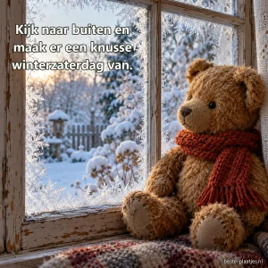 Een oude teddybeer met rode sjaal kijkt door een bevroren raam.