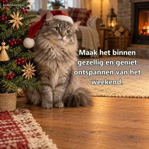 Een langharige grijze kat zit naast een kleine eenvoudig versierde kerstboom.