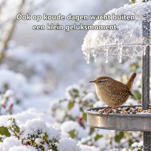 Een winterkoninkje zit bij een bevroren metalen voederplateau.