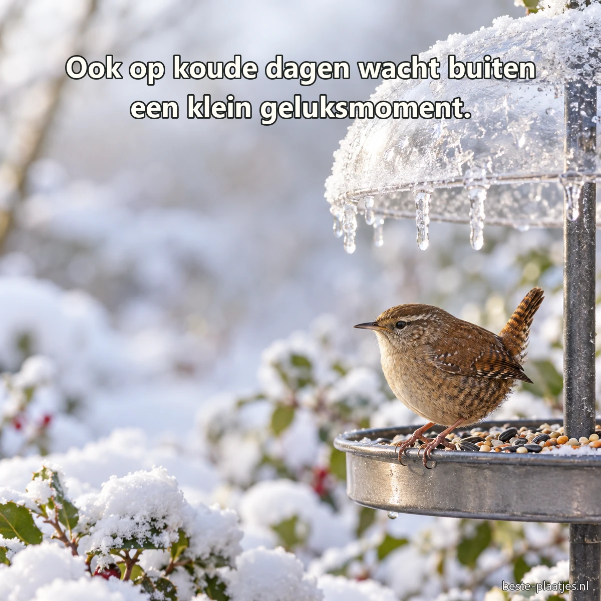 Een winterkoninkje zit bij een bevroren metalen voederplateau.