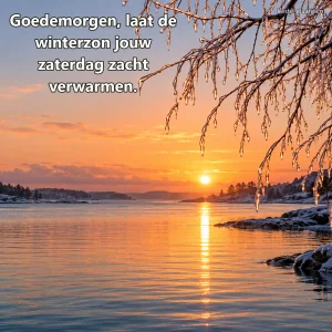 De winterzon komt op boven rustig water en met ijs bedekte takken.